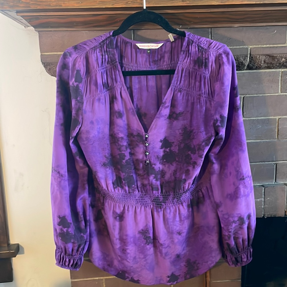 Rebecca Taylor long sleeve purple tie-dye blouse with smocking at waist